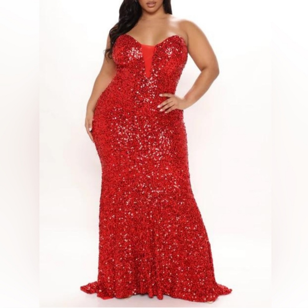 Fashion Nova Red Sequin Sweetheart Gown